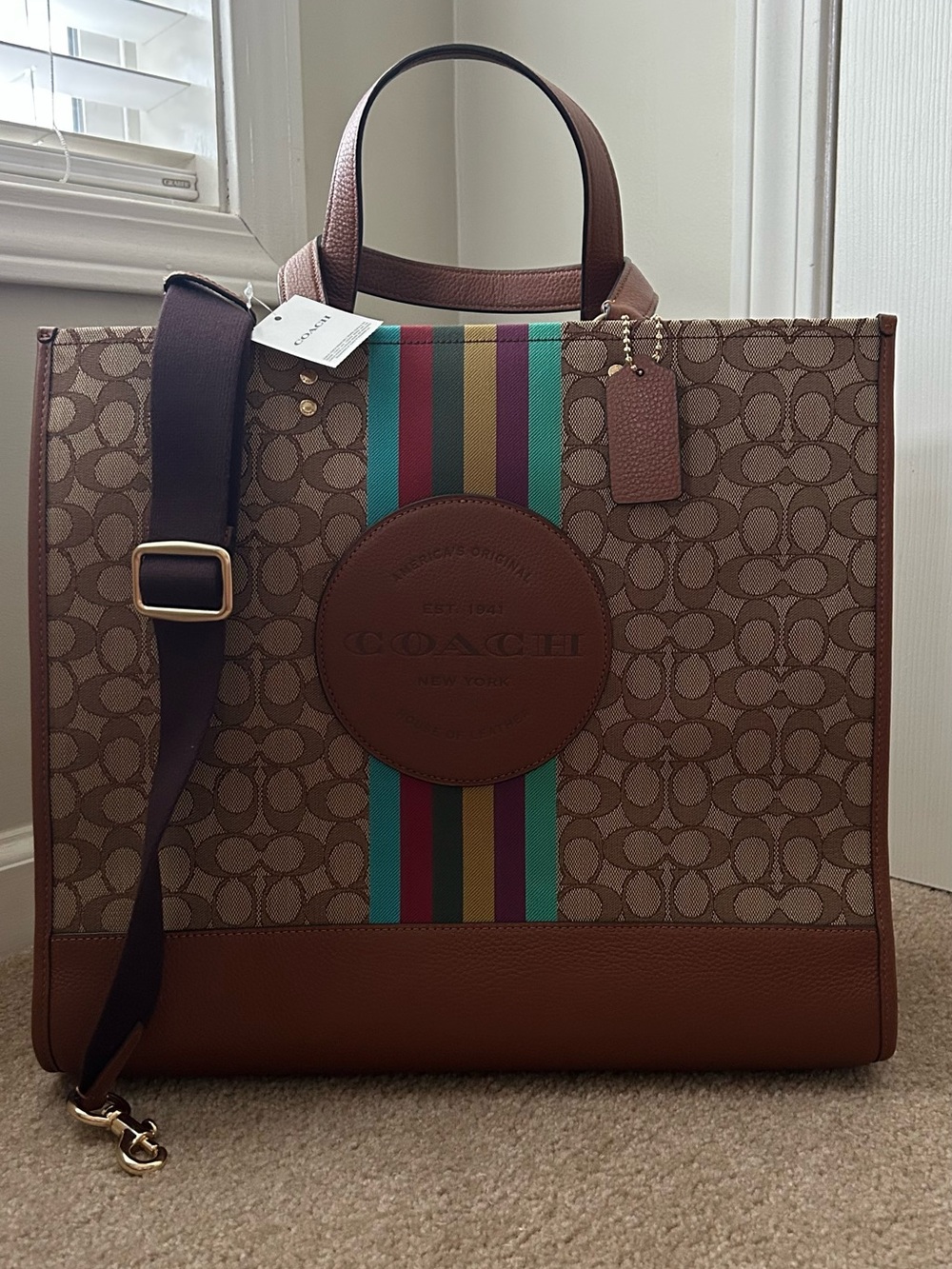 NWT Coach Dempsey Khaki Signature Canvas Tote with Multicolor Stripe